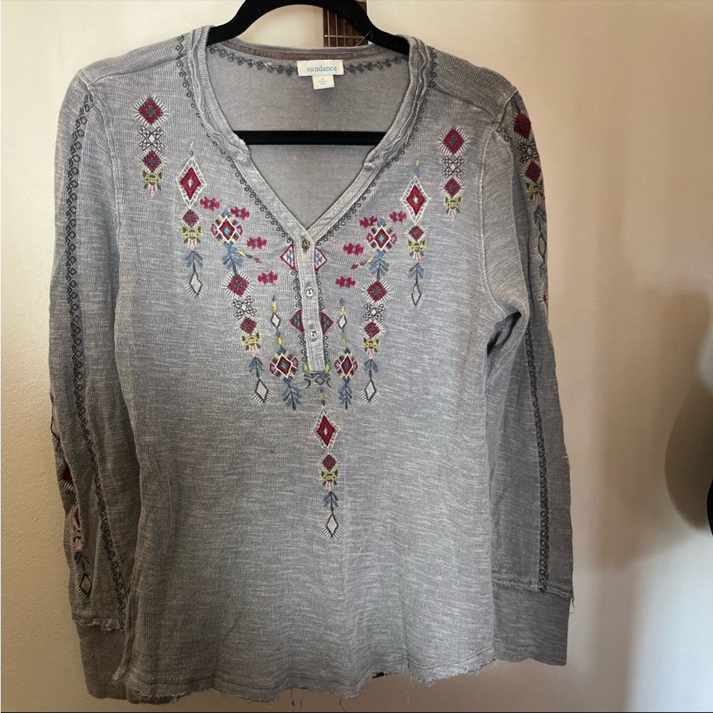 Sundance Gray Knit Henley with Pink and Blue Embroidery